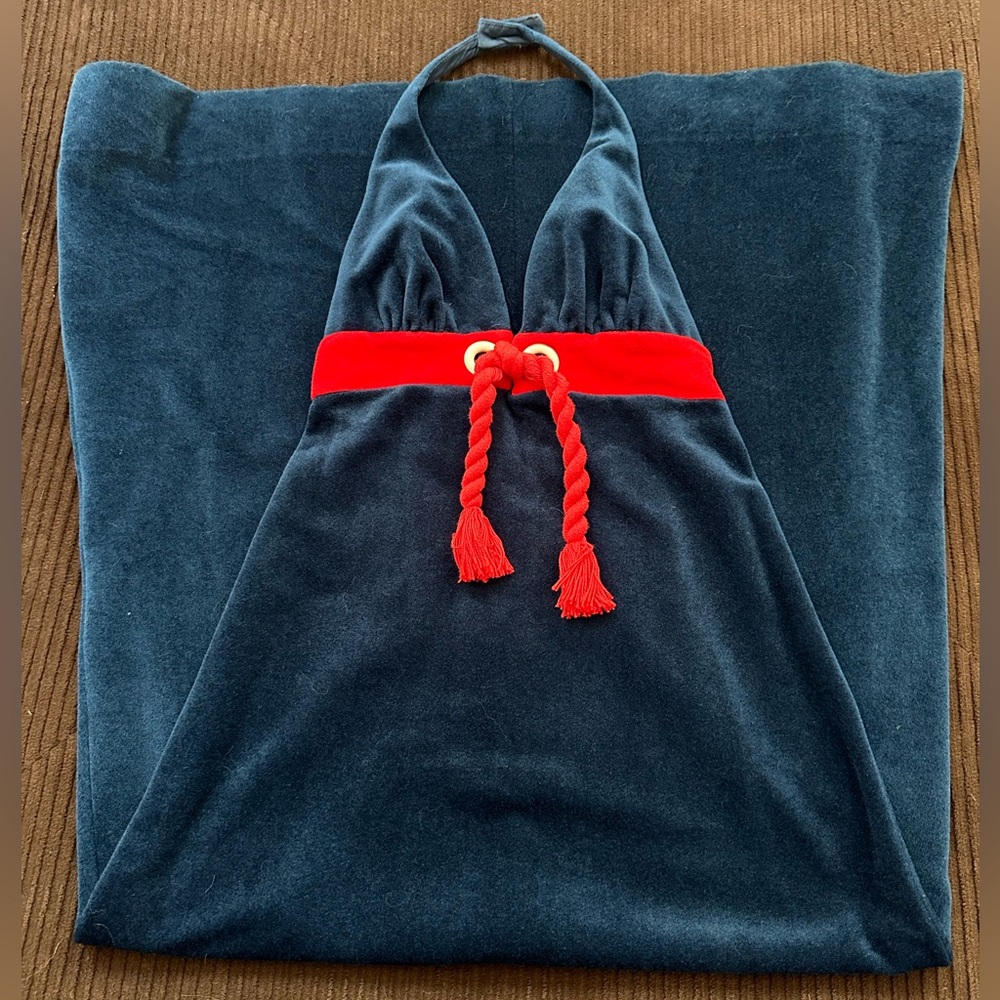1970’s Vintage Blue Velvet Halter Maxi Dress with Red Rope Belt